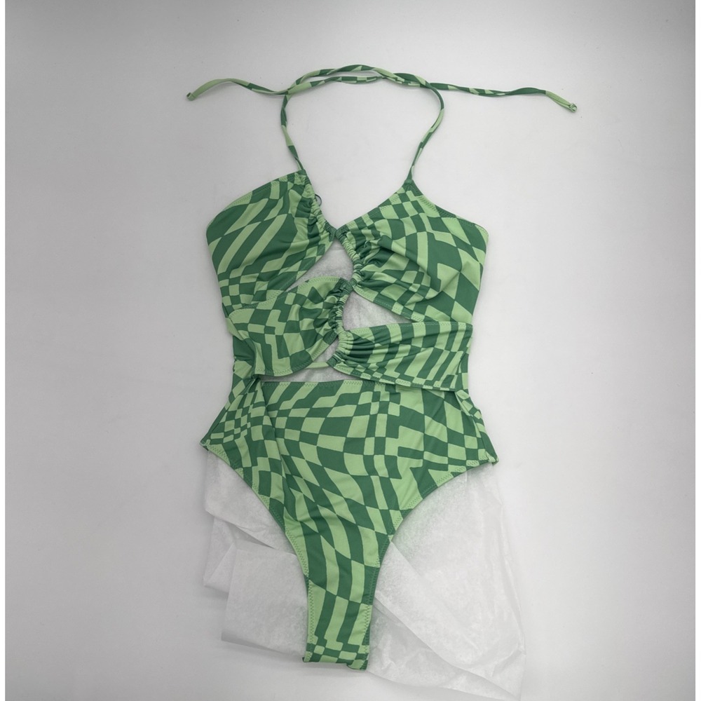 Zara Swimsuit Womens Small Green Geometric Padded One Pc Bathing Suit Swim NWT